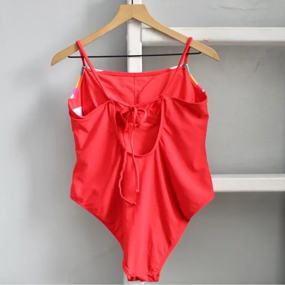 Xhilaration Square Neck Rainbow Red Colorful One Piece Swimsuit Size XL - Picture 2 of 6